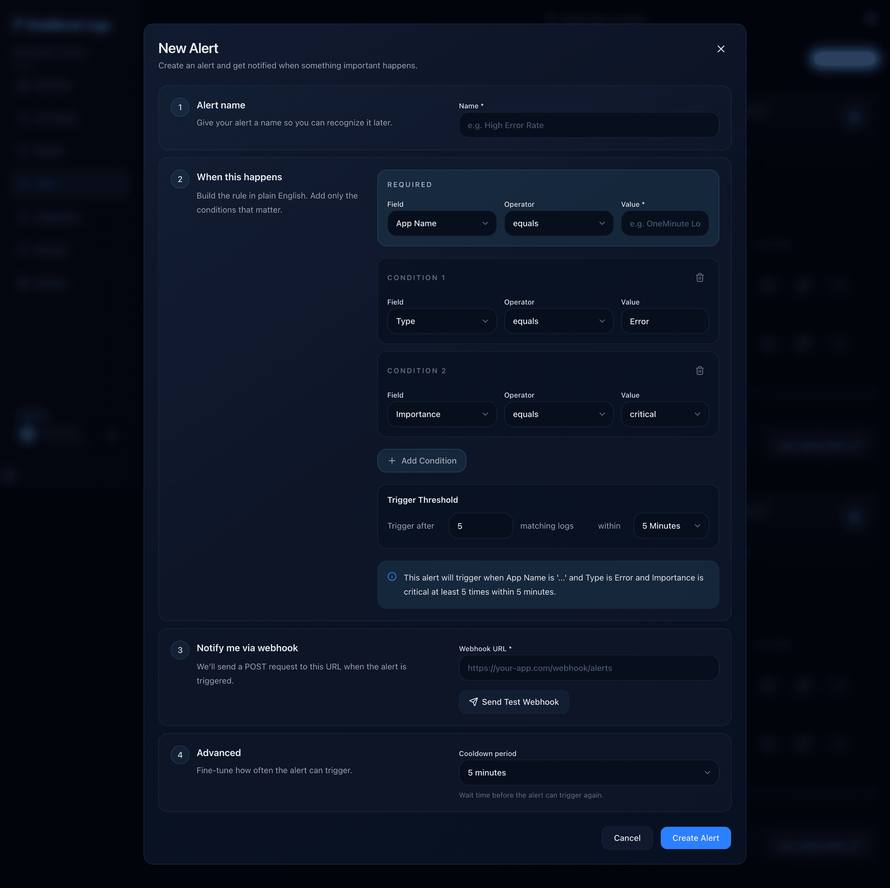 The OneMinute Logs New Alert dialog
