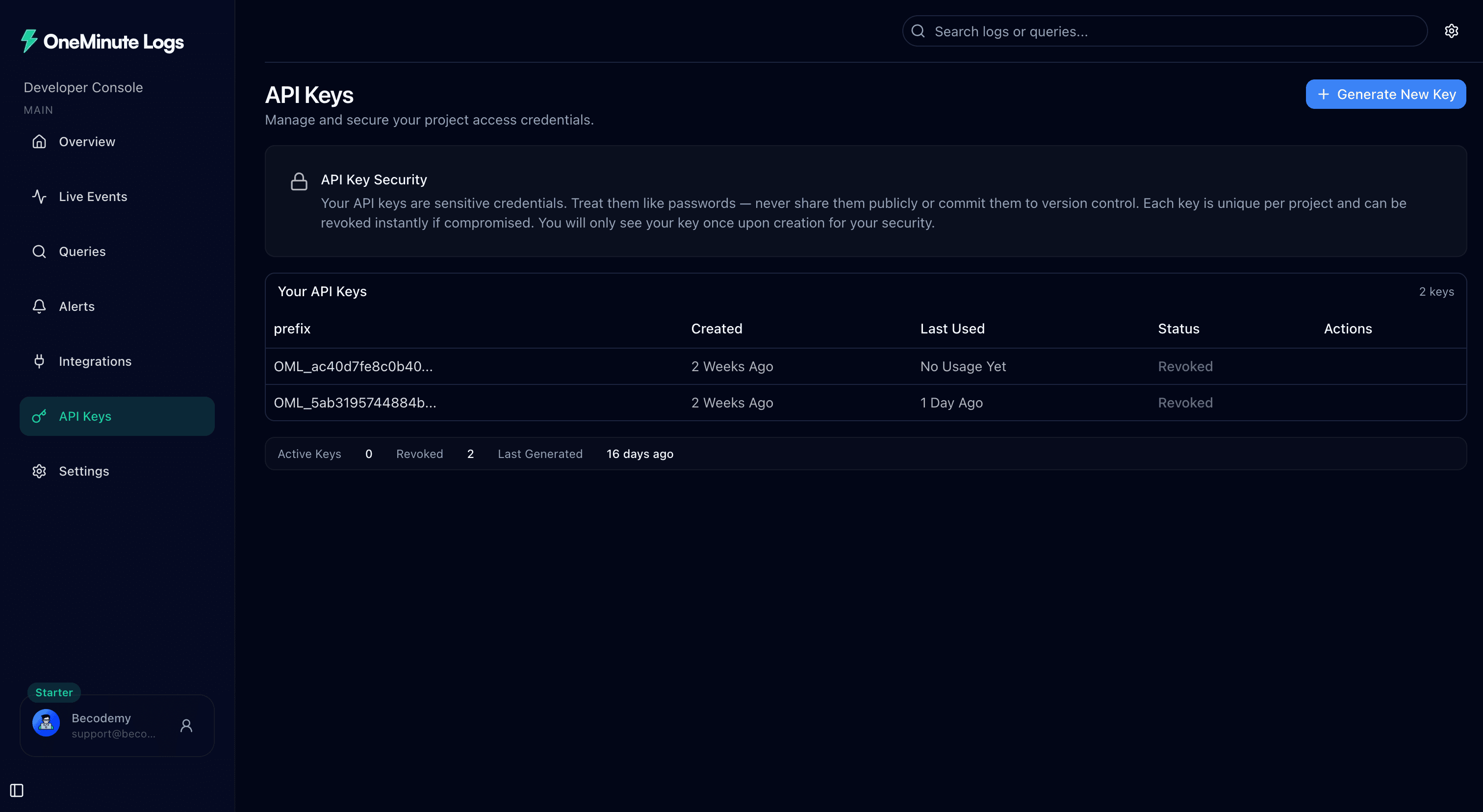 OneMinute Logs API Keys page