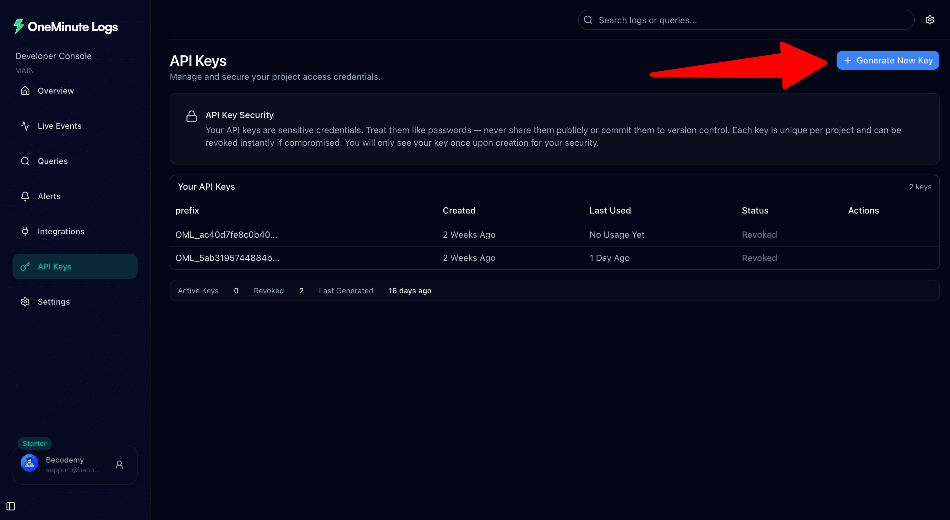 OneMinute Logs API Keys page with Generate New Key highlighted